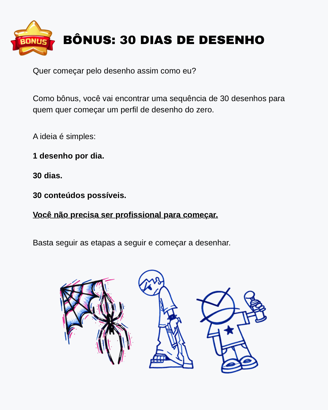 Página real do bônus 30 Dias de Desenho com exemplos de desenhos